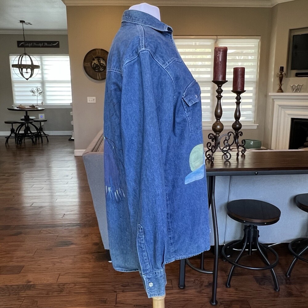 VTG Sunbelt Denim Pearl Snap Western Shirt M Hand Painted Roadrunner Shacket - Picture 10 of 16